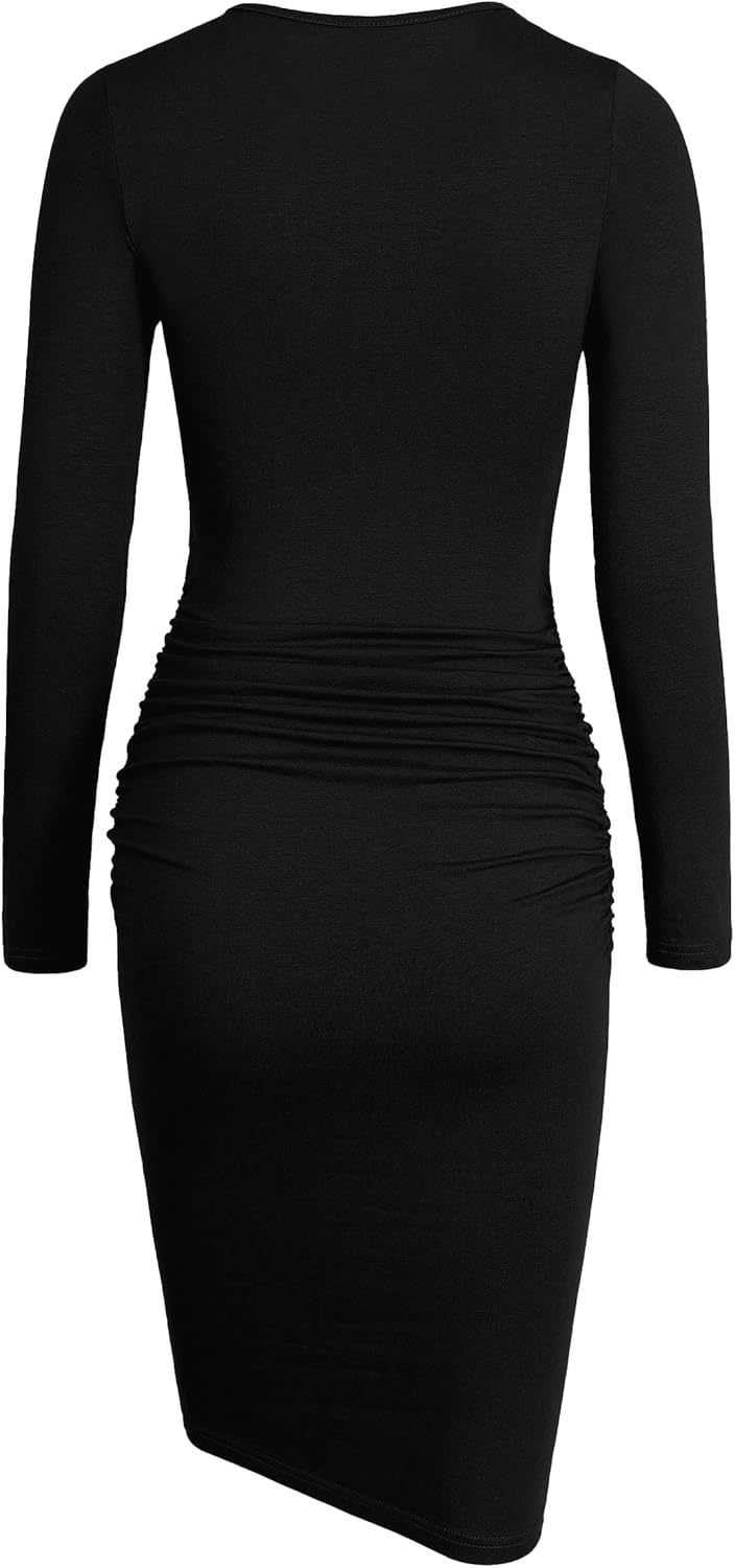 Missufe Women's Long Sleeve Slim Ruched Bodycon Dress 2025 Trendy Fall Casual Round Neck Sheath Knee Length Outfits Clothes - Image 4