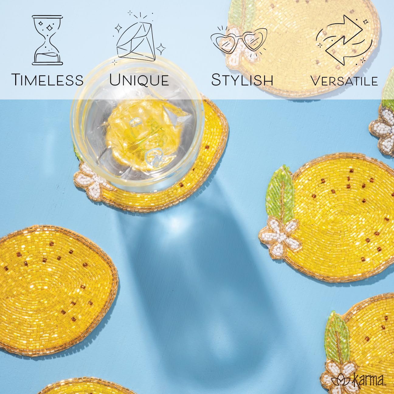 Karma, Lemon Beaded Drink Coasters Set of 4, Summer Round Beaded Coasters for Dinning Table and Coffee Table, Lemon