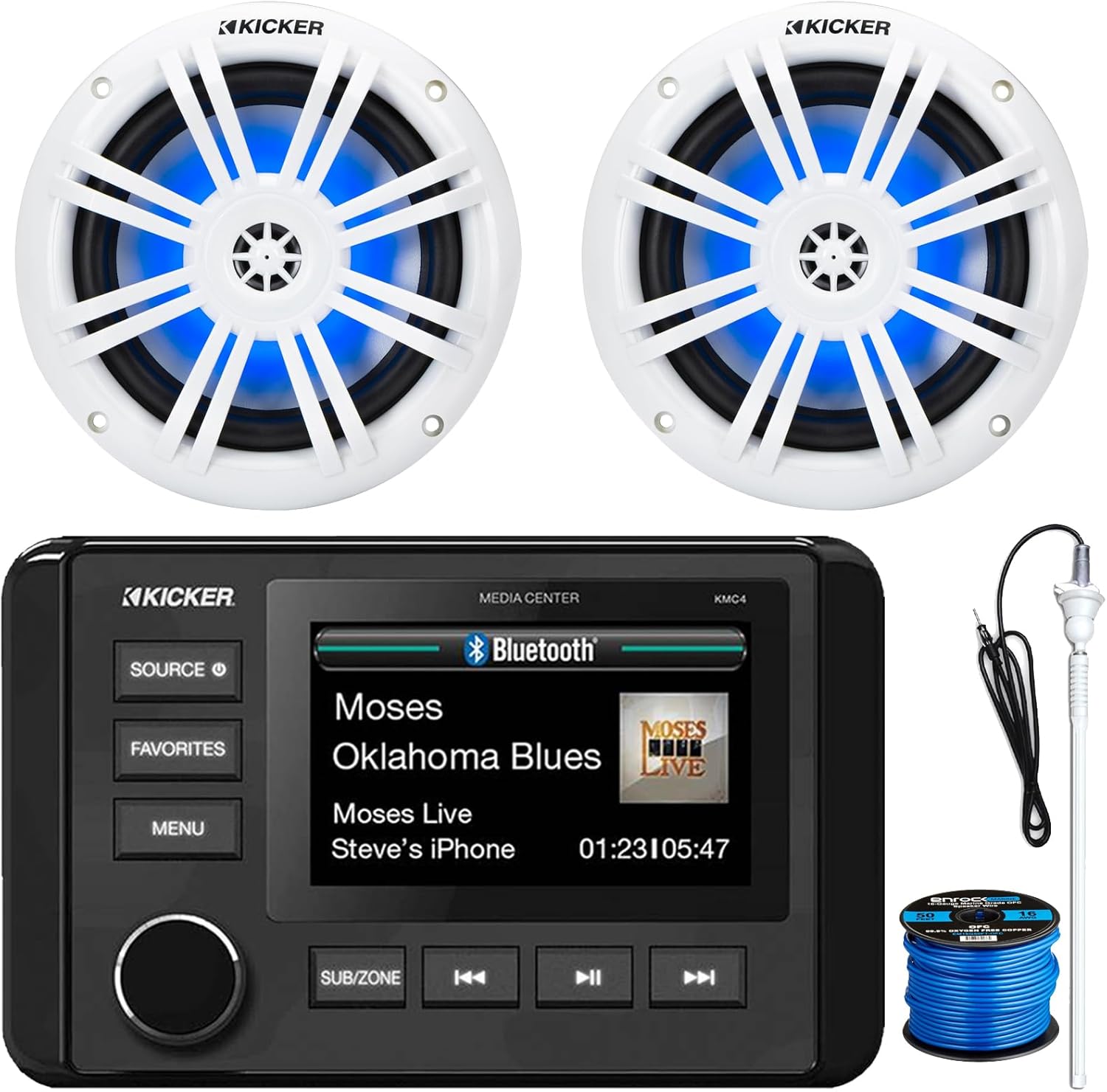 Kicker 51KMC4 3" LCD Marine Bluetooth Weather-Resistant Gauge-Style AM/FM WB/USB/AUX Media Center Receiver, 2x 6.5" 150W Max Power White RGB LED Coaxial Boat Speakers, Speaker Wire, Radio Antenna