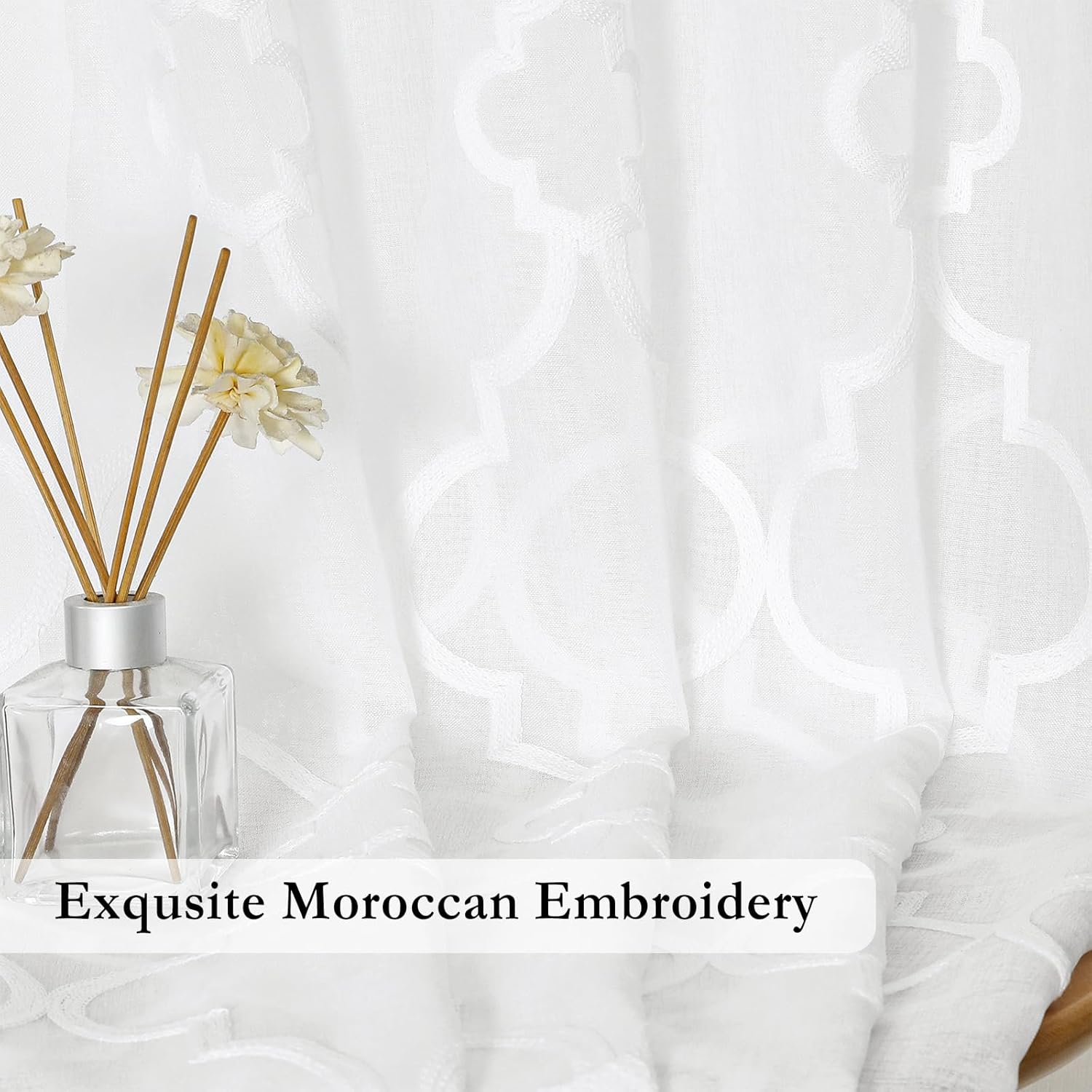 Moroccan Embroidered Semi-Sheer Curtain Drapes for Girls Women Bedroom 52 x 95 inch Linen Textured White Geometric Tile Curtain Set Light Filtering & Privacy Grommet Top Window Curtains 2 Panels