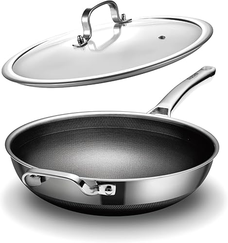 DOTCLAD Wok híbrido de 12 pulgadas con tapa, utensilios de cocina sin PFOA y PTFE, woks antiadherentes de acero inoxidable y sartenes