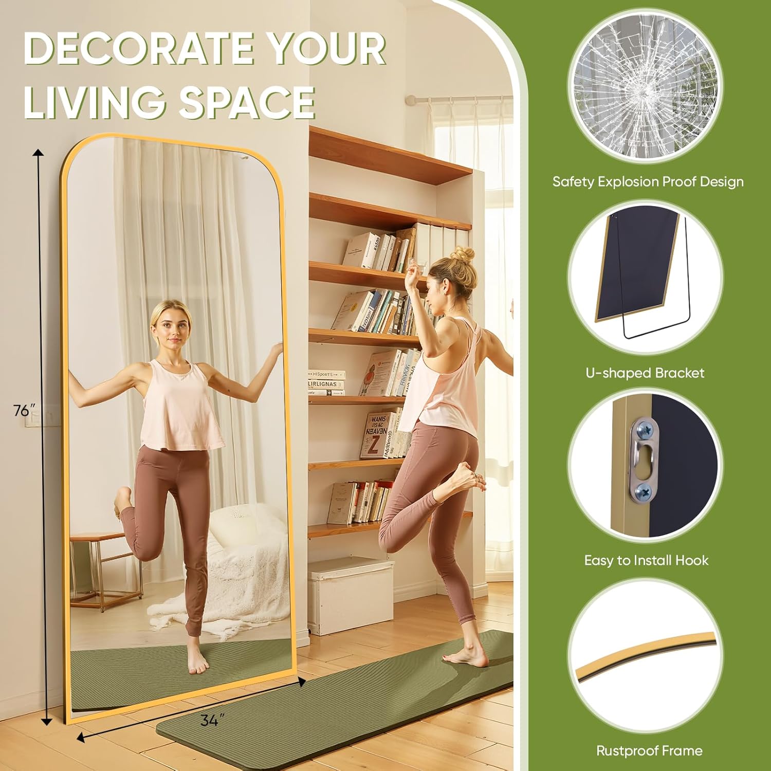 Full Length Mirror with Stand 76"x34" Floor Mirror Freestanding, Arched Floor Standing Large Mirrors Full Body Wall Hanging Leaning Home Decor for Bedroom & Living Room, Gold - Image 4