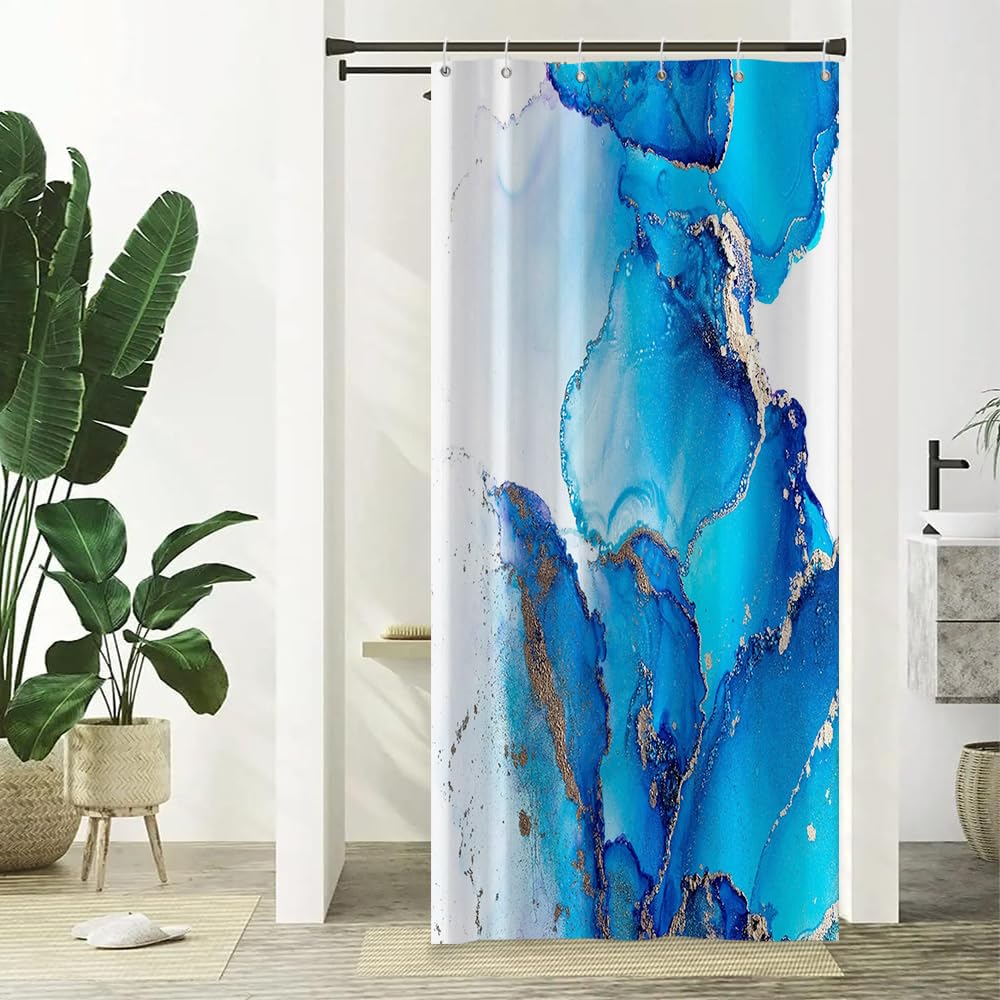 Xiaoterna Marble Shower Curtain Modern Luxury Blue Gradient Marble Waterproof Bathroom Curtain Abstract Art Gilding Wave Textured Washable Mildew Resistant Fabric Home Decoration 90x180cm
