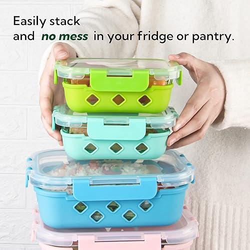 Miniatura 3 de Paquete de 10 recipientes de vidrio para preparación de comidas con fundas de silicona extraíbles, juego de recipientes de almacenamiento de