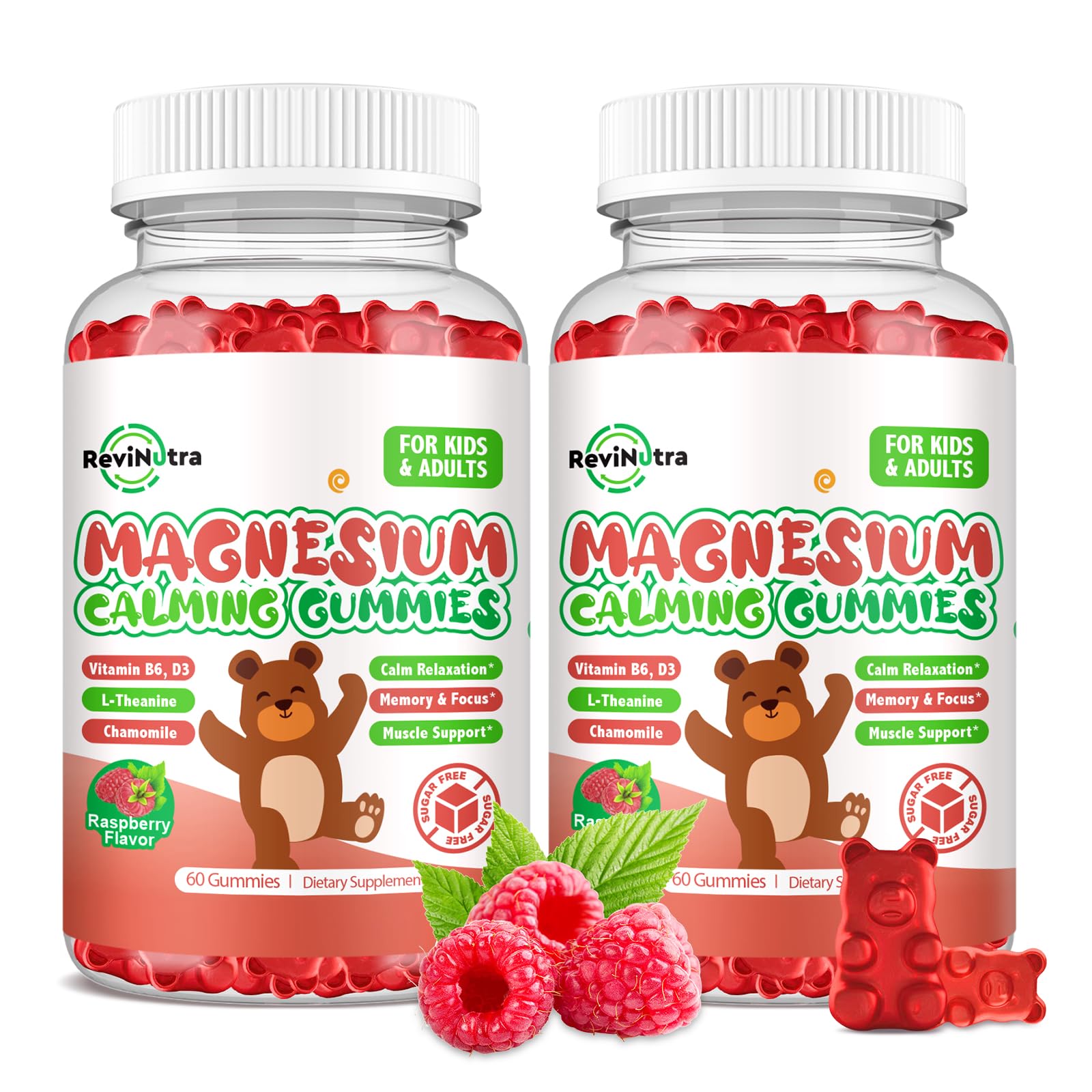 Magnesium Glycinate Gummies for Kids - Kids Magnesium Glycinate Gummies Supplement with L-Theanine, Vitamin B6, D3 for Kids & Adults Sleep Calm Relaxation Brain Bones,Sugar Free Raspberry 120ct Raspberry 60 Count (Pack of 2)