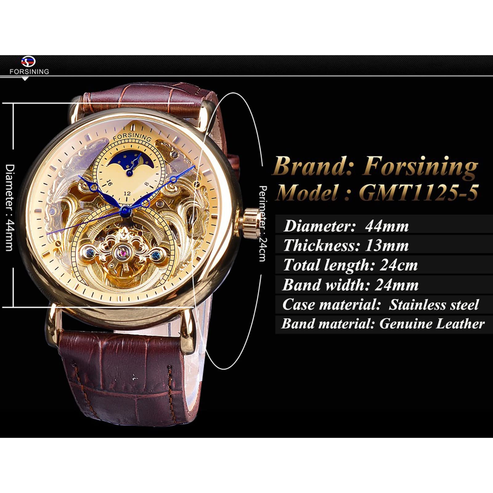 FORSINING Herren-Armbanduhr, automatisch, selbstaufziehend, mit schwarzem Silikonband, Retro-Skelett, Mondphase, großes Zifferblatt, mechanische Armbanduhr