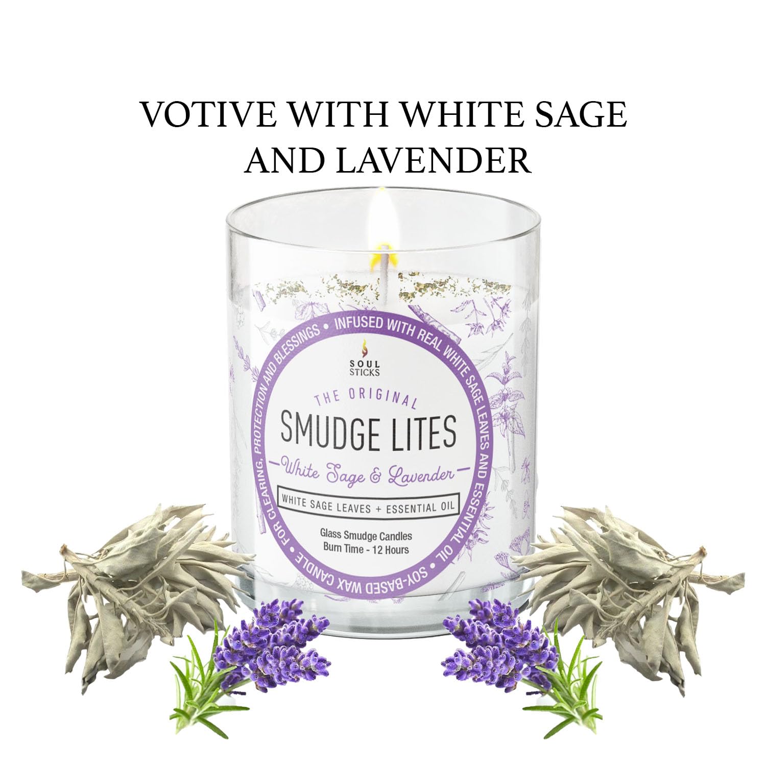 SOUL STICKS 6 Pack Smudge Lites Votive Candles | 960 Grams Decor Spa Candles | 12-Hour Burn Time Candles for Cleansing Negative Energy Infused with Smudging Herbs - White Sage & Lavender