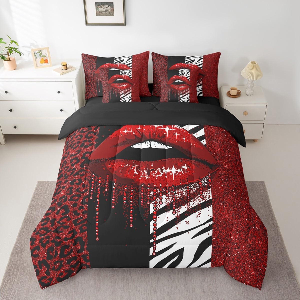 7 Pieces Glitter Lips Comforter Queen, Red Sequins Sparkling Bed Set for Kids Girls, Black White Leopard Zebra Print Bedding(1 Comforter,1 Fitted Sheet,1 Flat Sheet,2 Pillowcases,2 Throw Pillow Cover)