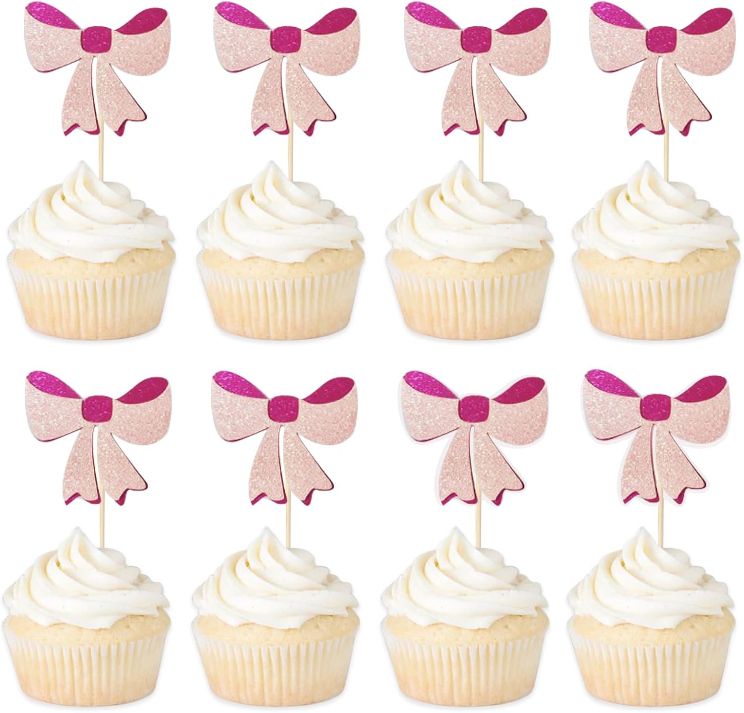 24 Pcs Glitter Pink Bow Cupcake Toppers, Coquette Bow Birthday Party Decor, Pink Bowknot Cupcake Picks for Bachelorette Bridal Engagement Wedding Girls Baby Shower