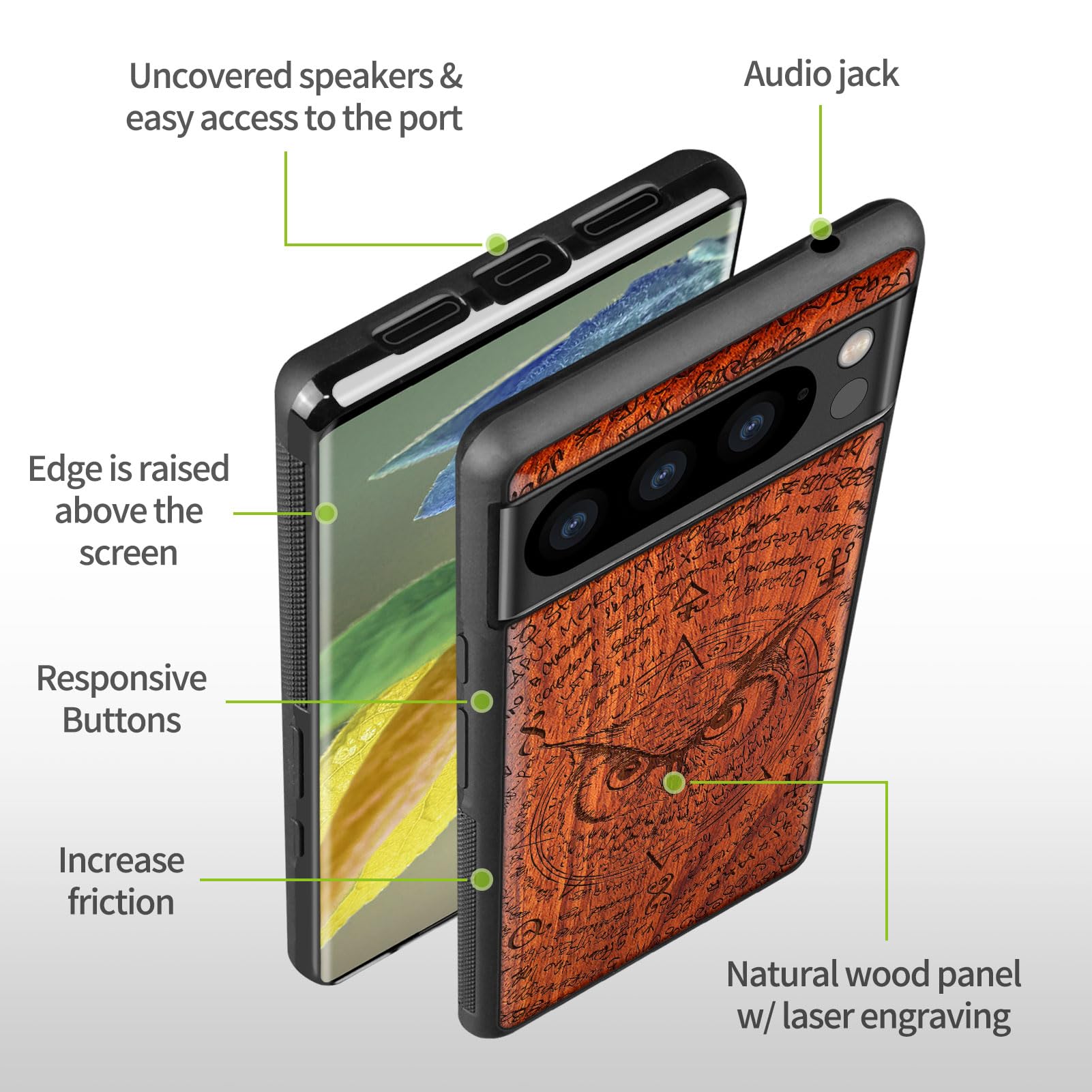 Carveit Custodia In Legno Per Google Pixel 8 Pro - Cover Antiurto Con Incisione Laser Gufo, TPU E Legno, Supporto Ricarica Wireless, Rosa