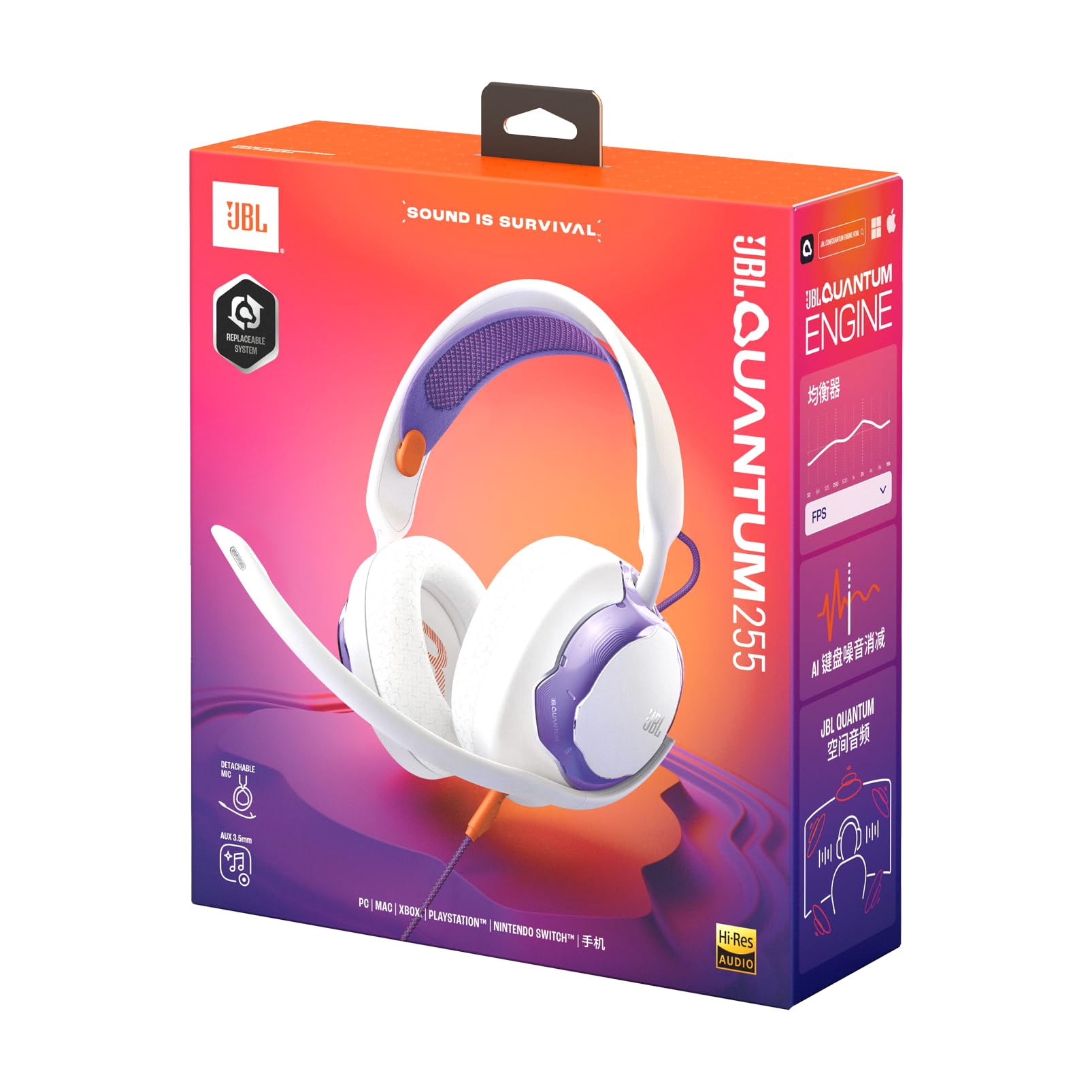 JBL Quantum 250 Kabelgebundene Over-Ear-Gaming-Kopfhörer, JBL Quantum Spatial Sound, Mikrofon mit Geräuschunterdrückung, 3,5-mm-Kabel, kompatibel mit Apple/PC/Xbox/PlayStation/Nintendo Switch, Weiß