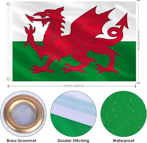 Close-up of the AhfuLife Welsh flag showing the brass eyelet and double-stitched edge detail.