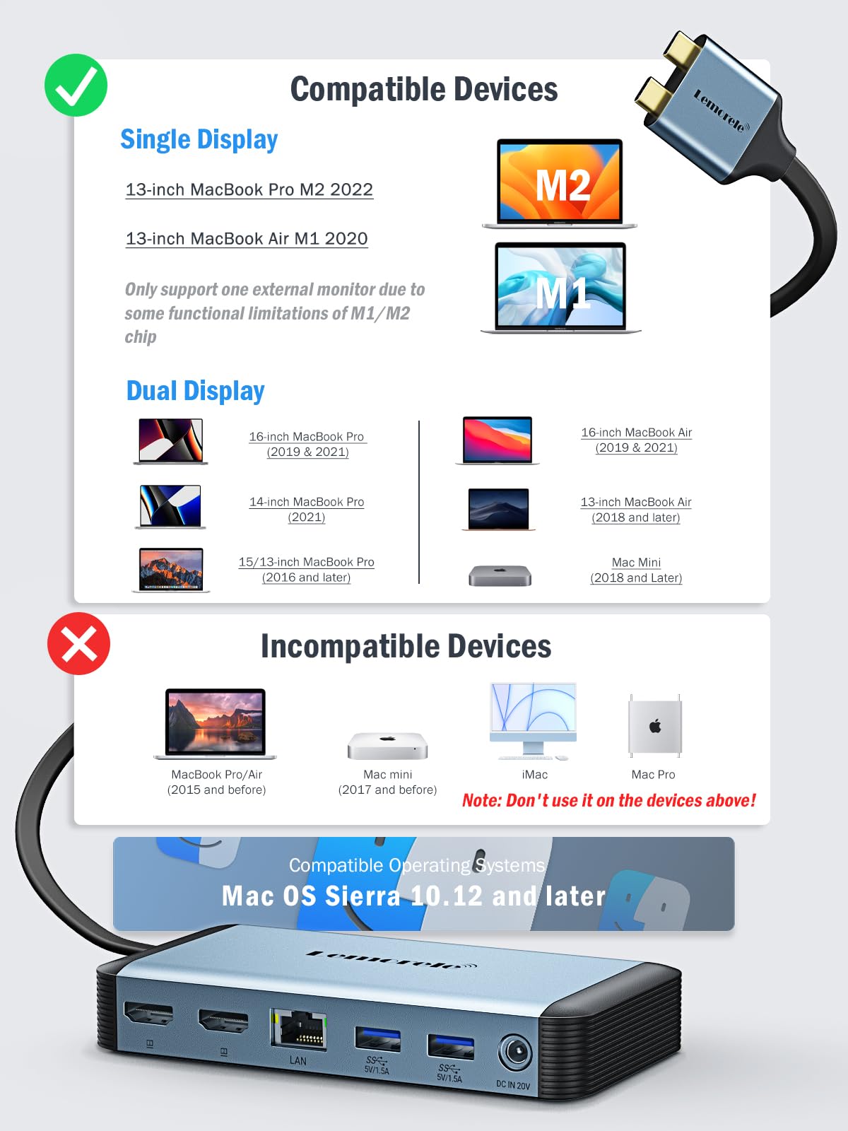 Lemorele MacBook Pro Air Docking Station w/150W Power Adapter, 12 in 2 USB C Laptop Docking Station 2 HDMI 4K@60Hz, 18W PD 3.0 5Gbps, USB C 3.0 & 4 USB 3.0, RJ45 Ethernet SD/TF Audio