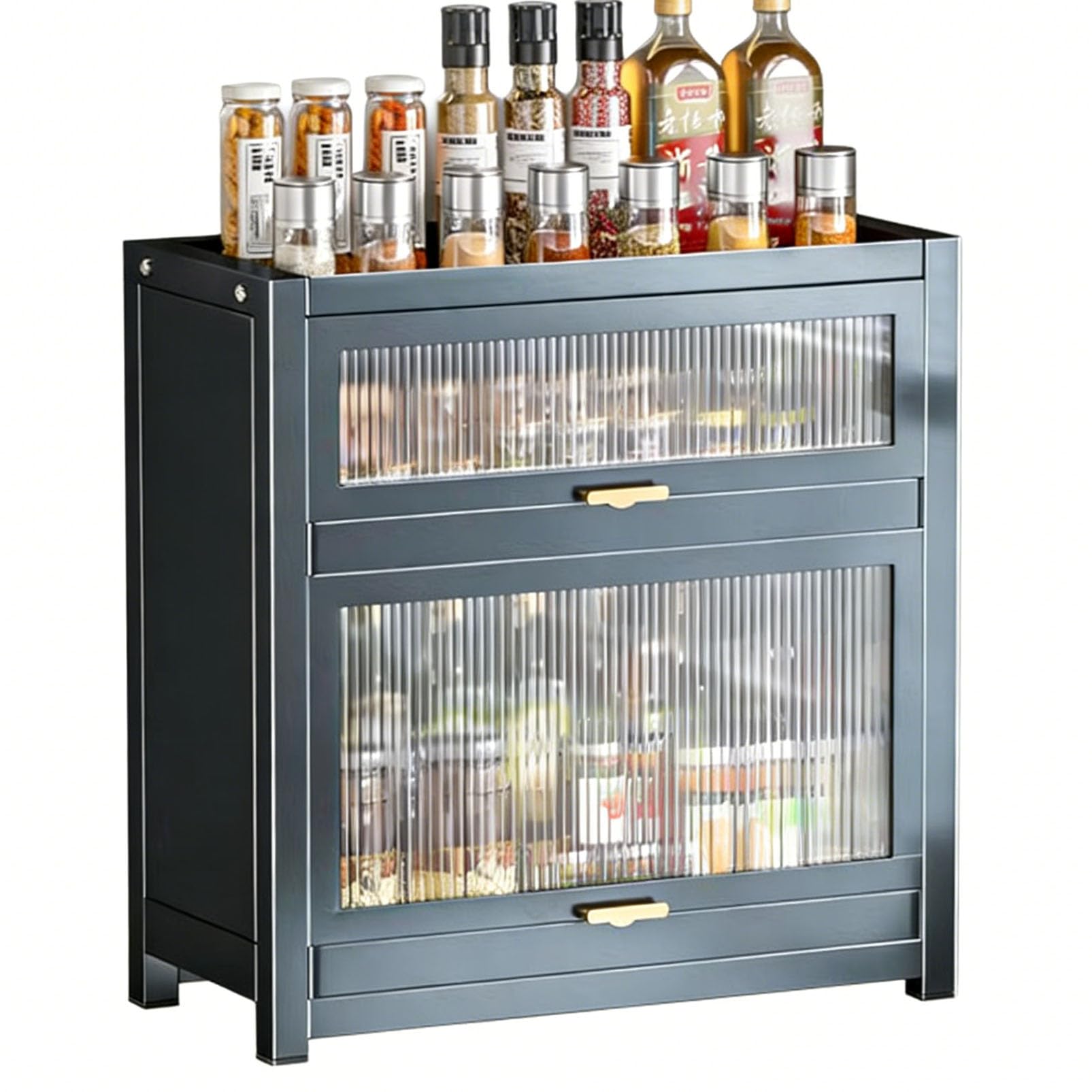 Armoire de Garde-Manger de Cuisine autoportante avec tiroirs coulissants et Porte Rabattable, Organisateur de comptoir pour Bouteilles/Plats/Tasses à épices