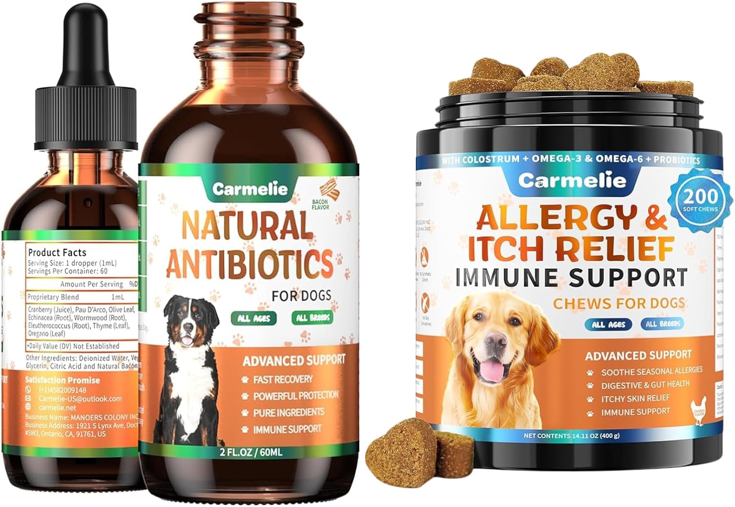Dog Skin Relief Bundle – Natural Antibiotic Drops + Allergy Chews for Itchy Skin & Paw Licking – Herbal Immune & Skin Support for Dogs – 2 Fl Oz + 200 Chews