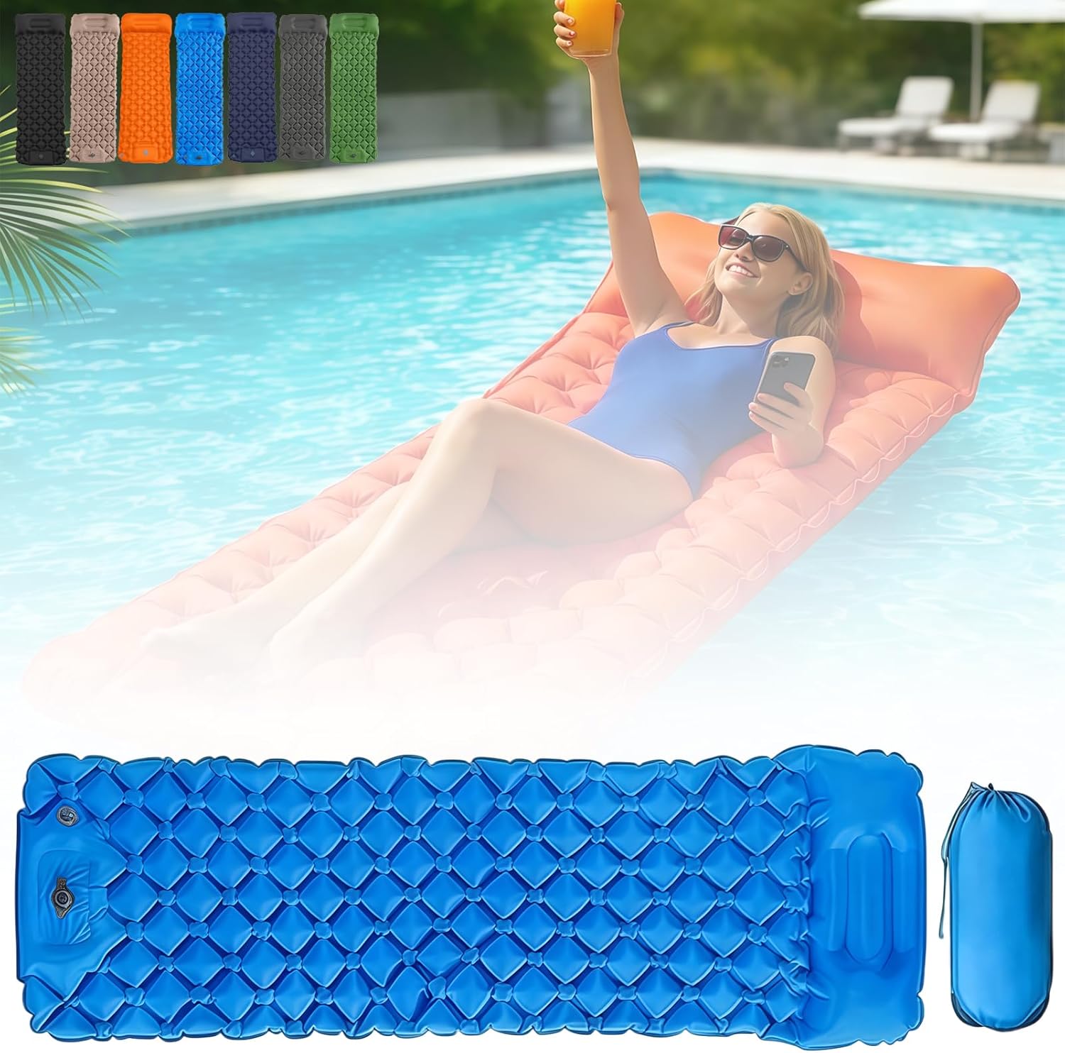 Thickened and Widened Lounge Mat - Your Portable Chill Zone, Thick Memory Foam Sleeping, Self Inflating Travel Air Mattress with Pump (Light Blue)