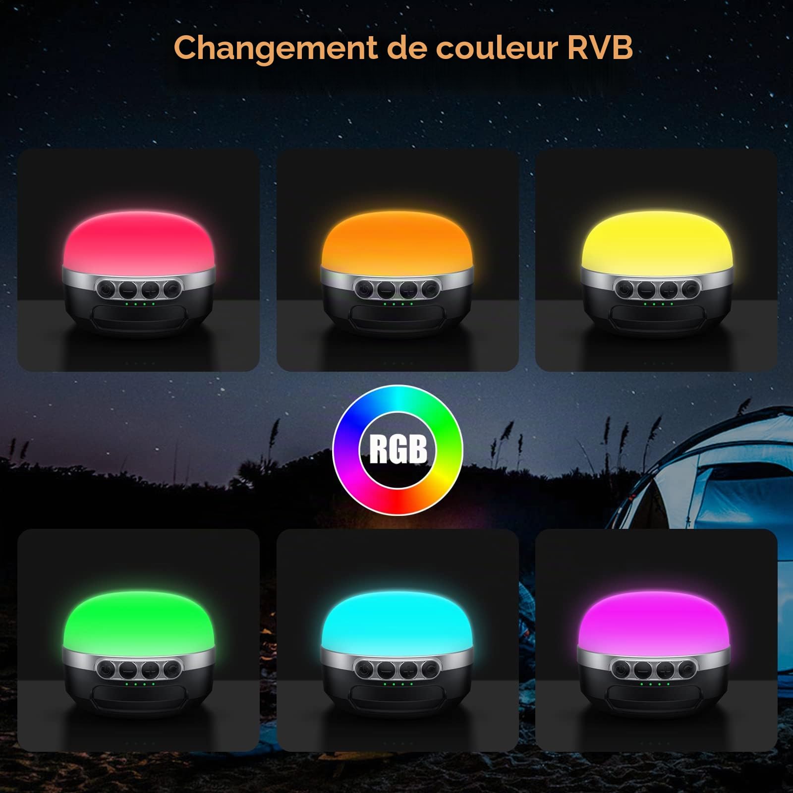 Lampe de camping LED 10400 mAh rechargeable avec batterie RVB - Plusieurs variations de couleurs - Intensité variable en continu - Lampe d'aspiration magnétique pour maison, camping, randonnée