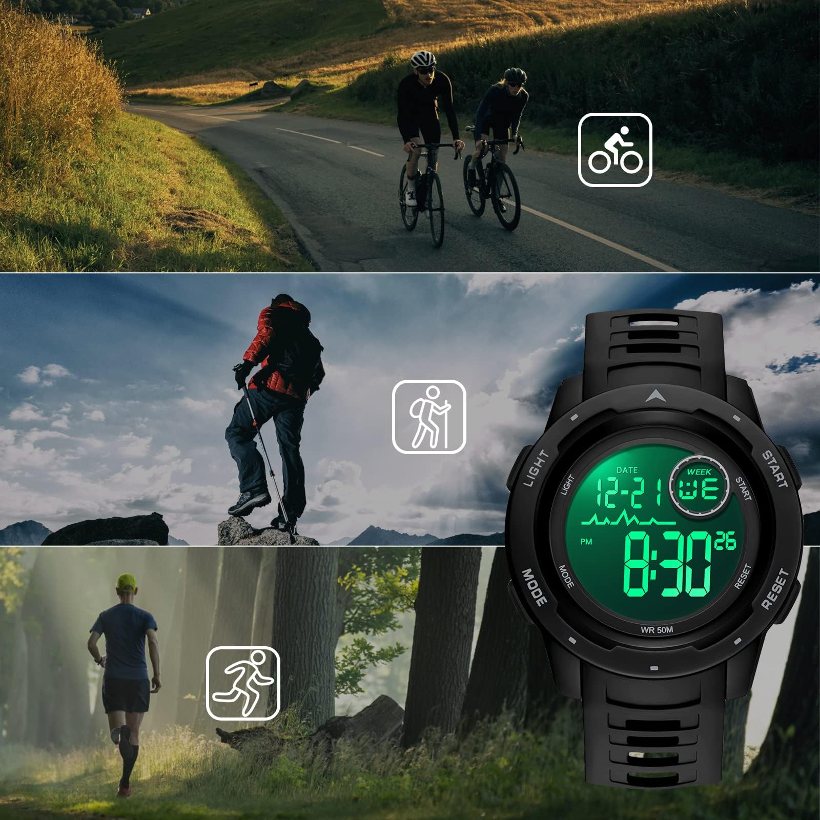 Relojes de hombre digital militar deportivo 50 m, resistente al agua, reloj digital con despertador, fecha, reloj digital LED, cronómetro, 12/24 horas, reloj táctico para hombres y niños al aire