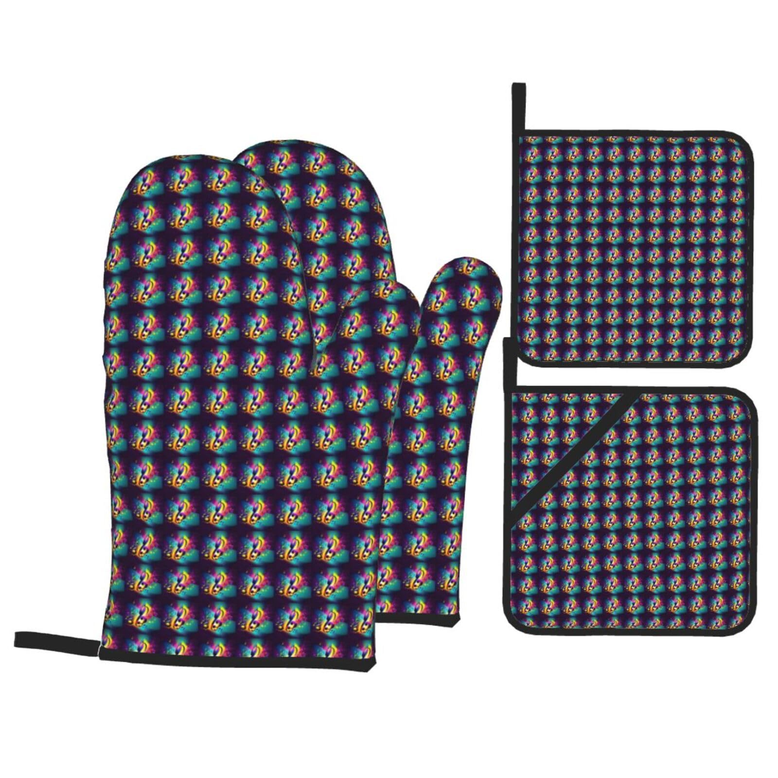 Colorful Musical Notes Print 4-Piece Heat-Resistant Oven Waterproof Kitchen Gloves Cooking Roasting Essential