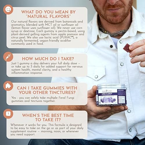 Miniatura 8 de Feral Fungi Gomitas de hongos Myco-Clarity - Melena de león, Reishi y Cordyceps - Apoyo al cerebro y la concentración - 100% cuerpo fructífero -