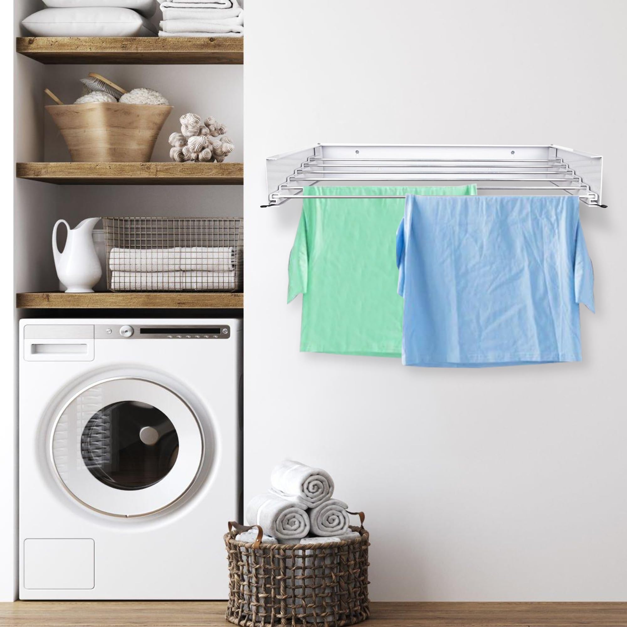 Vonia Tendedero Extensible de Pared 80 x 40 cm - Tendedero Plegable con 4 m de Secado y Carga de 25 kg - Tendedero Retráctil para Interior y Exterior - Aluminio - Blanco