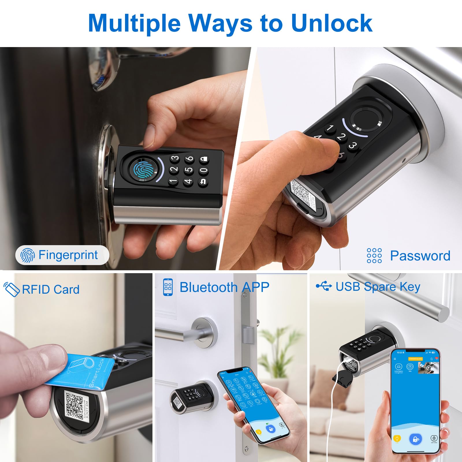WELOCK TOUCA51 Serratura per Password, con Impronta Digitale Elettronica, con App, Password, Scheda RFID e WiFi, Adatto per Porte da 30 a 70 mm