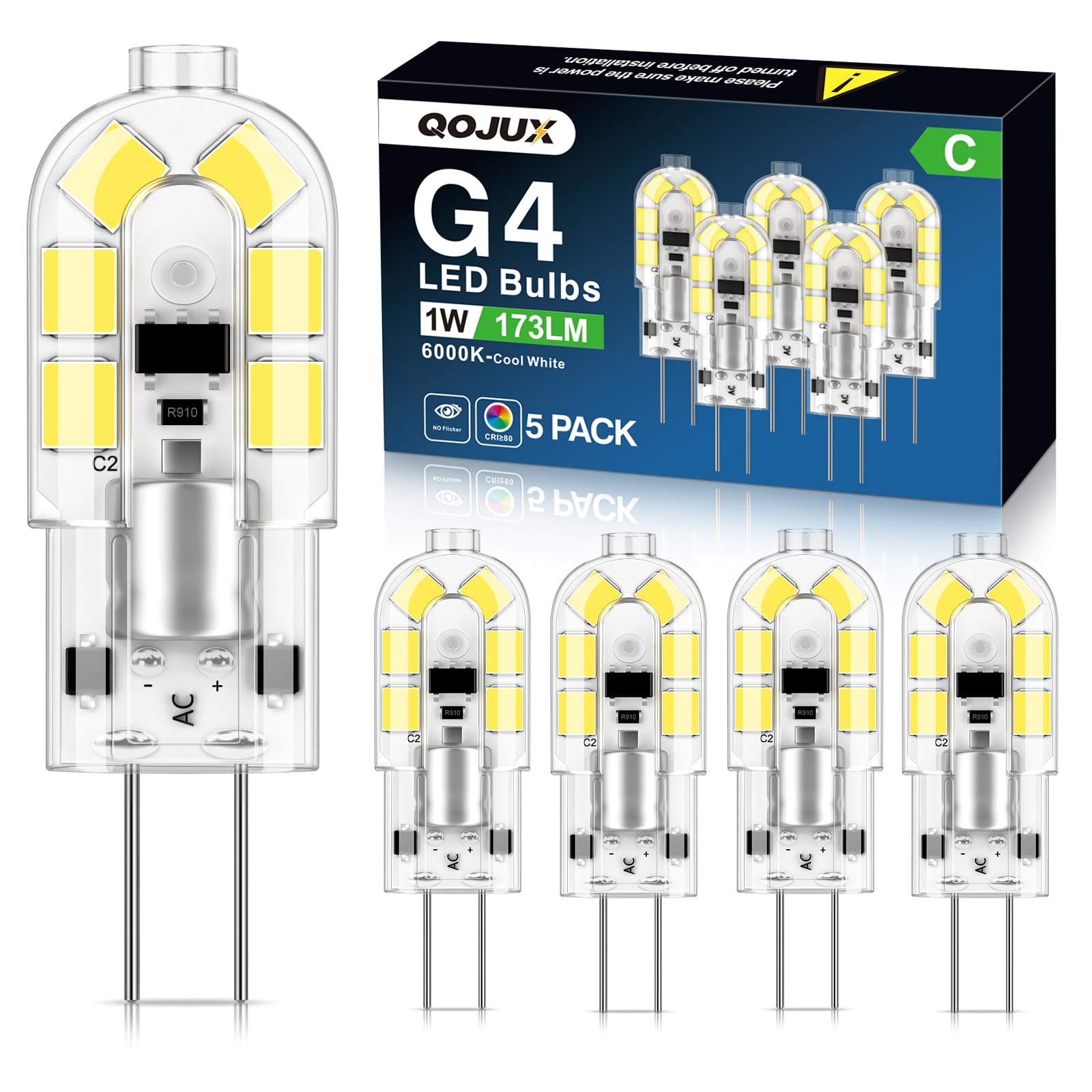 QOJUX G4 LED Bulbs, 1W 173LM Class C Cool White 6000K, Equivalent to 20W Halogen Bulb, Bi-Pin Base Energy Saving G4 Bulb, AC/DC 12V, Non-Dimmable Non Flicker, for Chandelier, Home Lighting, 5 Pack