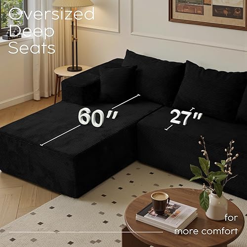 Vista 4 de Sofás seccionales negros para sala de estar, sofá sin estructura rígida con chaise en forma de L, sofá modular en caja con asiento profundo,