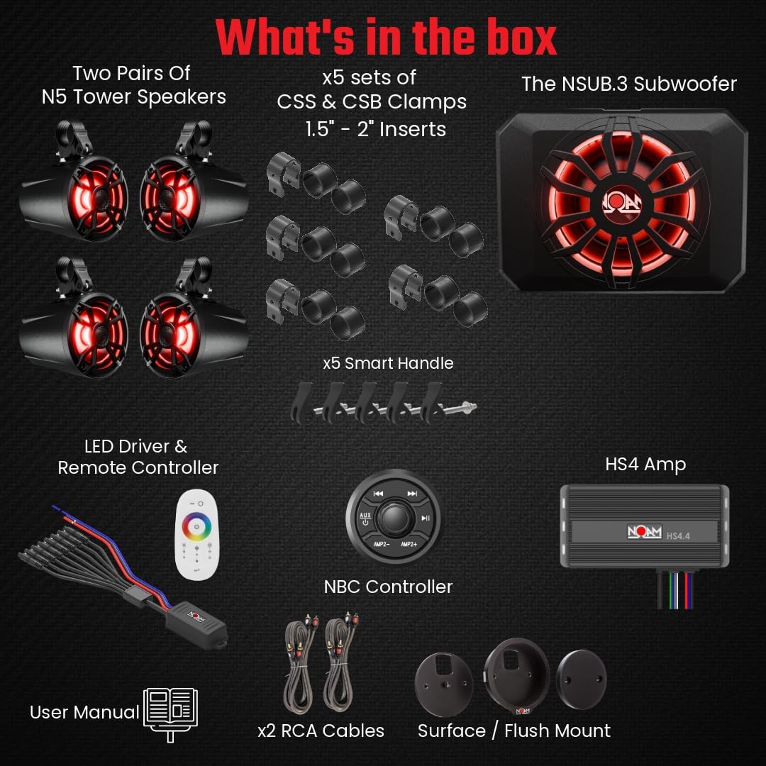 NOAM NUTV5-S Quad PRO - Marine ATV/Golf Cart/UTV Stereo System kit – with 4 Waterproof LED Light Tower Speakers, Subwoofer, Weatherproof Controller with Bluetooth and AUX Input and Four Channels Amp