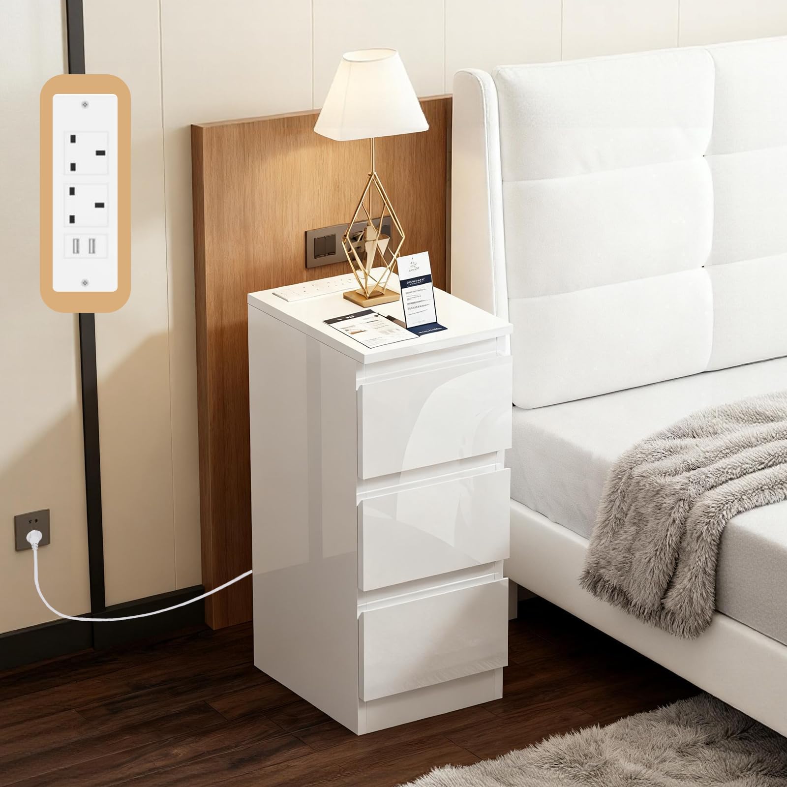 Homullel 25CM Small Bedside Table with Charging Station, Slim Narrow Bedside Cabinet with 3 Drawers, Sofa Bed Side Table for Bedroom, Living Room (High Gloss White with Charging Station) — image 1