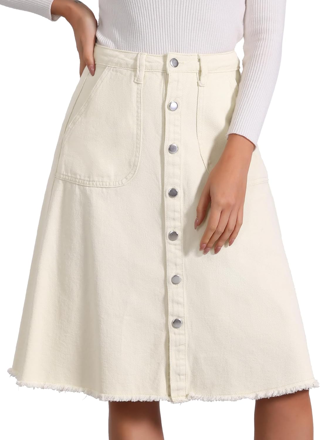 Allegra K Women's Denim Skirts Raw Hem Button Down Midi Jeans Skirt