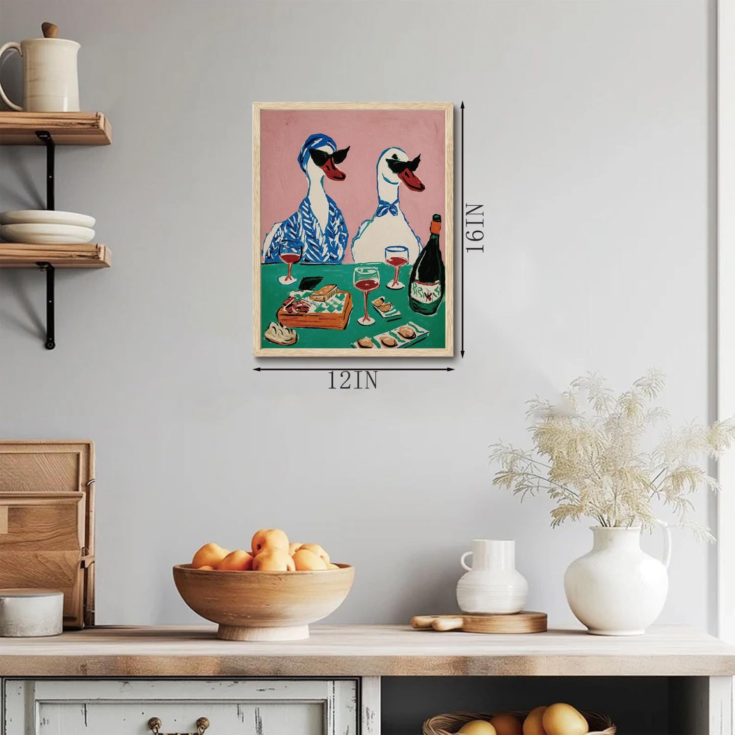 XJYISUO Framed Wall Art Duck Wall Decor Animal Canvas Art Wine Party Pictures Retro Paintings Funny Artwork For Kitchen Dining Room Bar