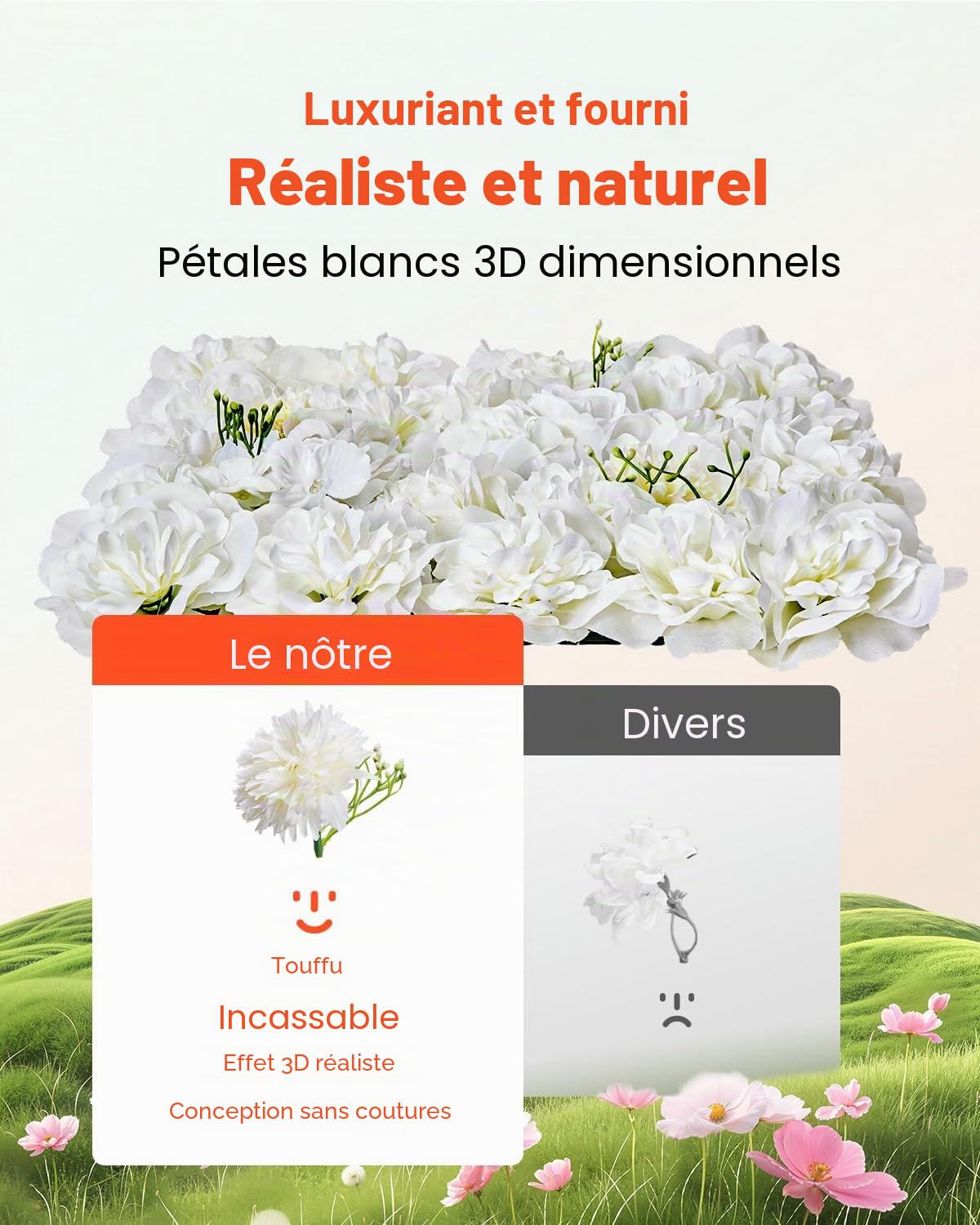 VEVOR Panneau Mural Décoratif Floral, 24 PCS, Mur à Fleurs Artificielles 3D, 38x38 cm, Conception Sans Couture Installation Facile pour Mariage, Saint-Valentin, Fête Prénatale, Décoration Fond, Blanc