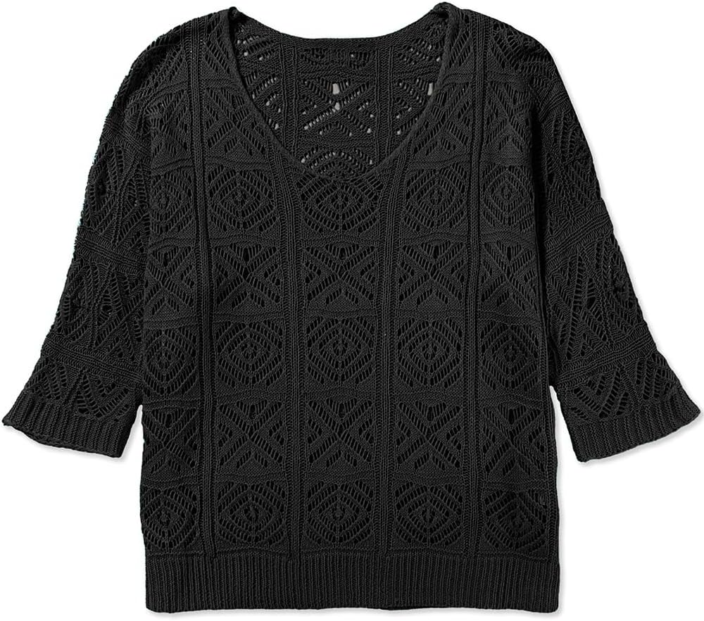 Sidefeel Women's 2025 Spring Summer Crochet Tops Off The Shoulder Hollow Out Knit Tops 3/4 Sleeve Pullover Sweater Cover Ups - Image 8