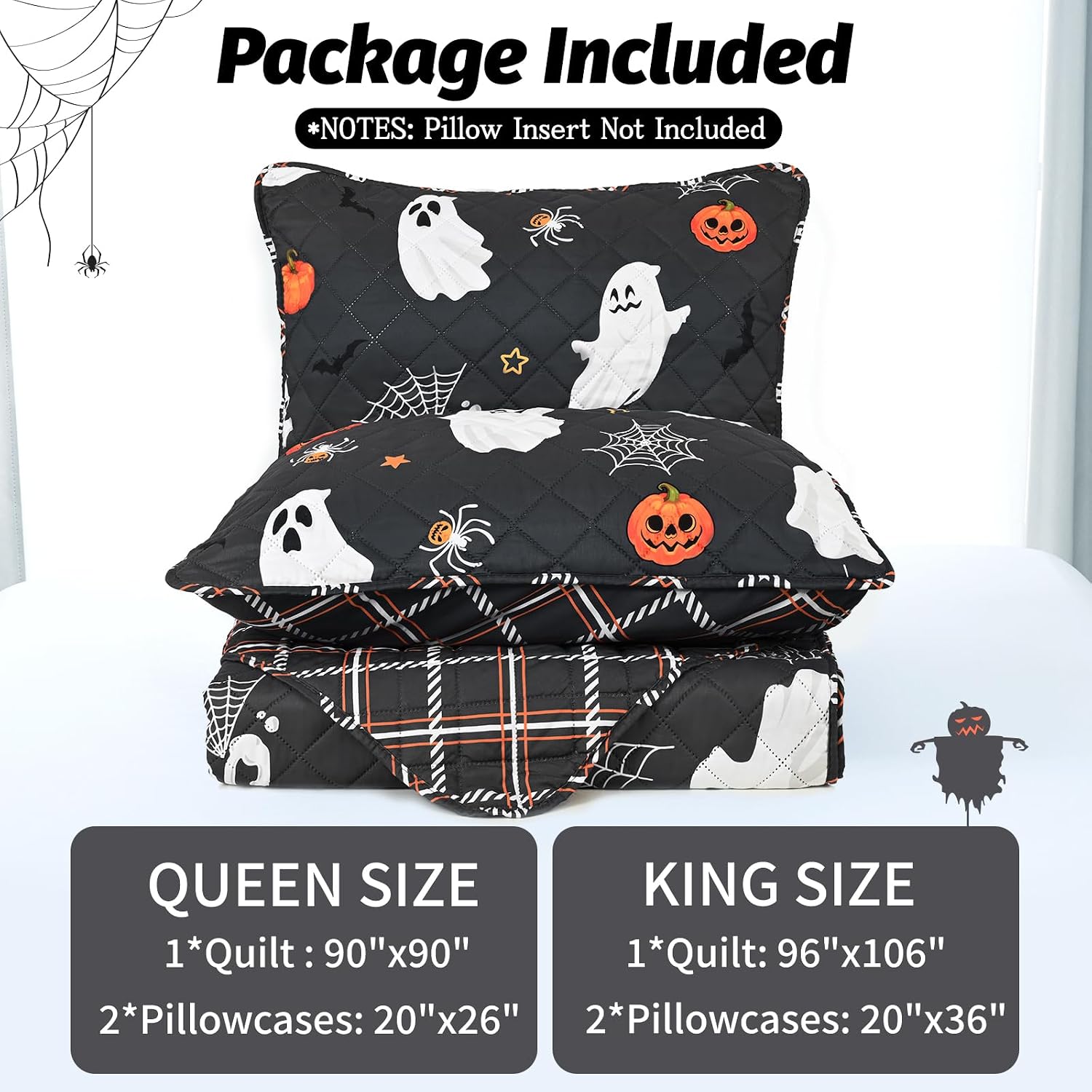 Invoibler Halloween Quilt Set Queen Size Grey Reversible Bedspread Coverlet Set 3Pcs Lightweight Bedding Set Ghost Pumpkin Spider Festival Quilts Set for All Season (1 Quilt, 2 Pillow Shams)