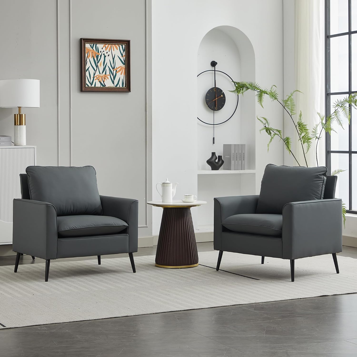 Mid-Century Modern Accent Chairs Set of 2 Gray Faux Leather Metal Legs