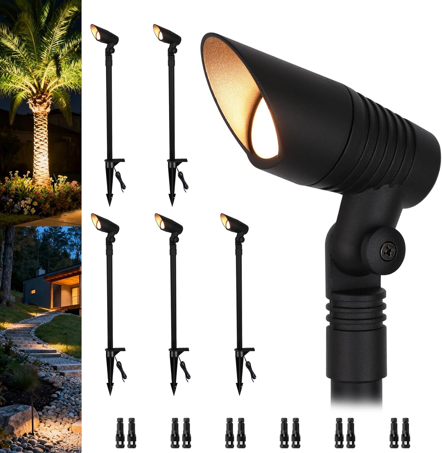 Mini Landscape Spotlights Low Voltage, 16'' Tall Pole, 5CCT 5W 12V LED Landscape Spot Lights Wired for Outdoor Palm Tree House Yard Flag Pathway Path Sidewalk, 60° Beam Angle, Black, 6PK