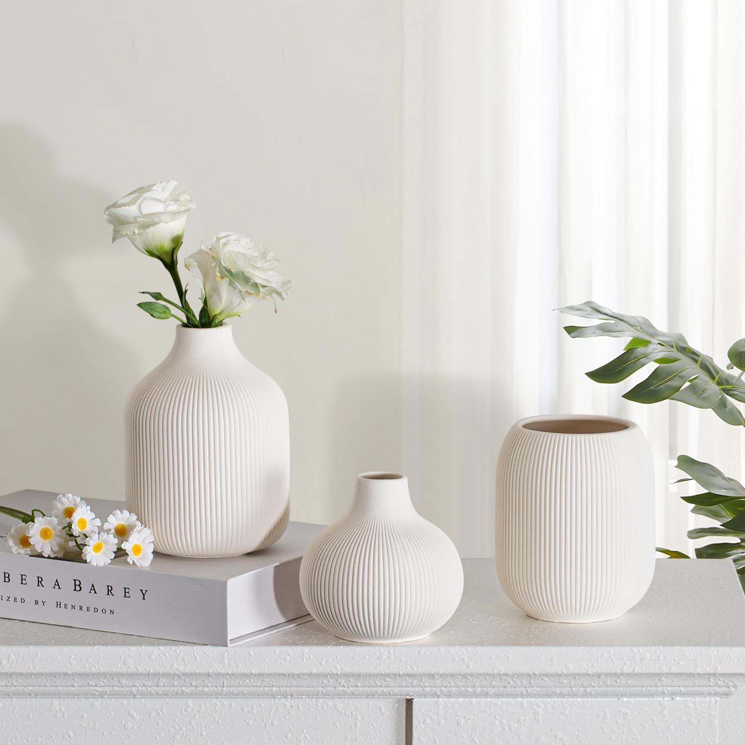 Dnnnii Modern White Ceramic Vase Set of 3 by Ribbed Texture, Perfect for Neutral & Transitional Home Decor - Image 4