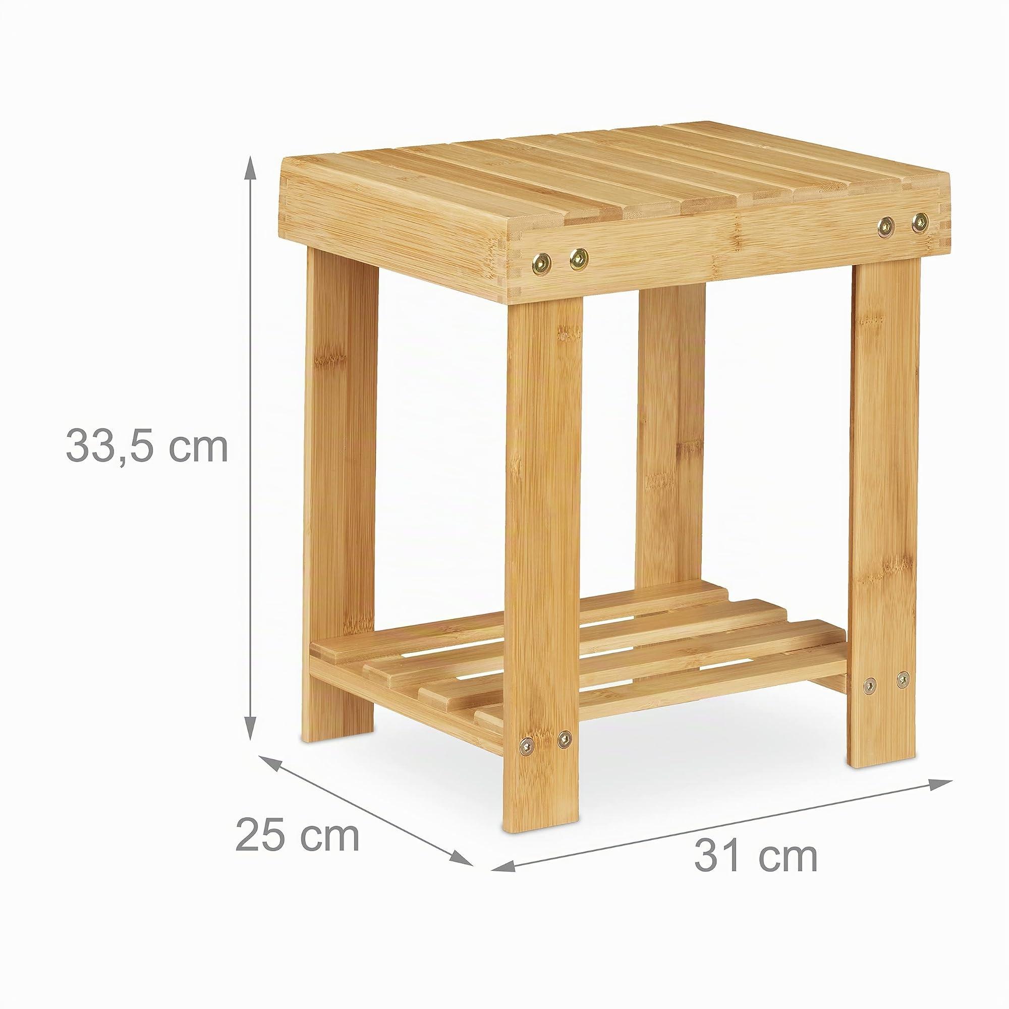 Relaxdays Taburete de Bambú, Carga hasta 100 kg, Banqueta Robusta, Infantil, para Baño, Puf, 33,5 x 25 x 31 cm, Natural