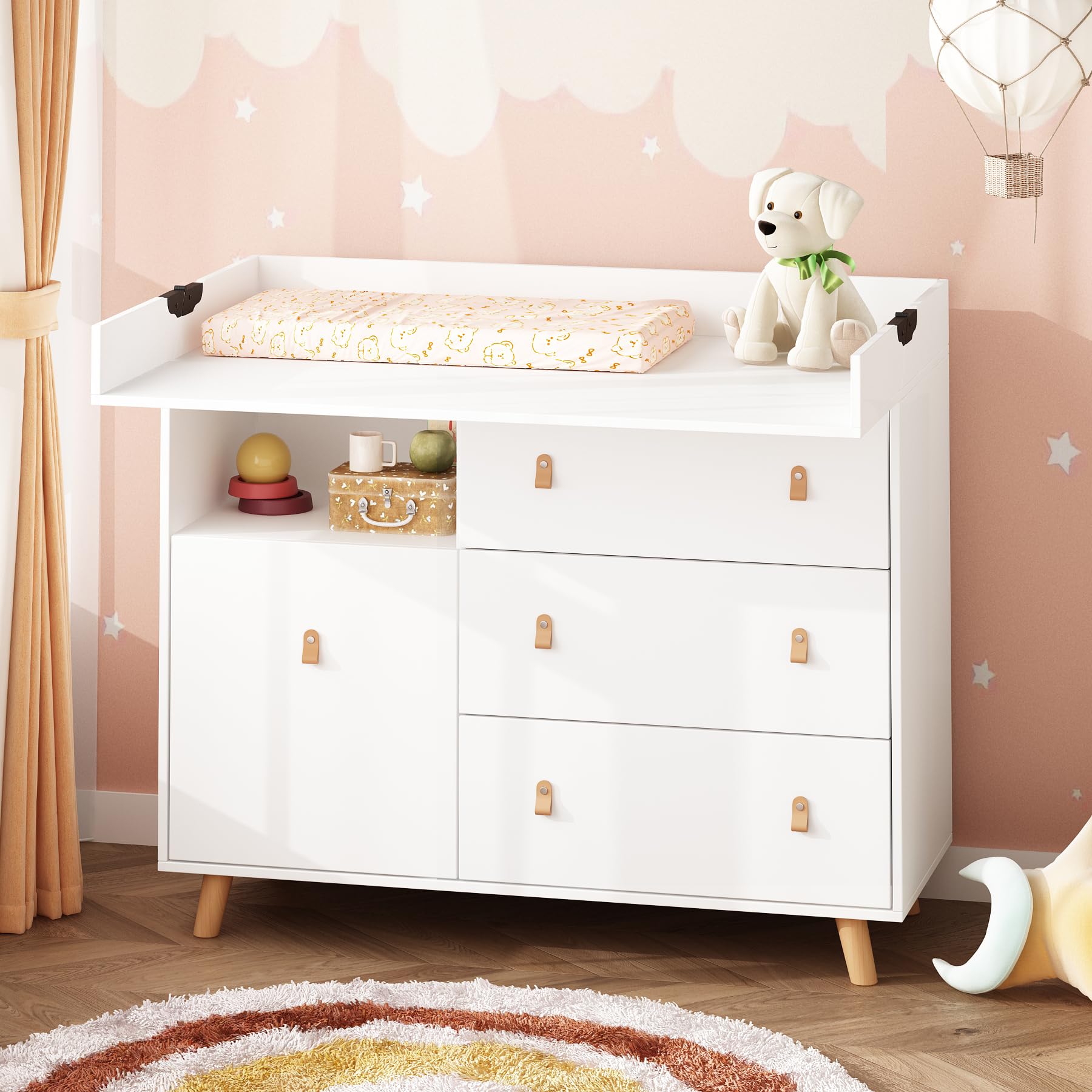 Wickeltisch mit 4 Schubladen, Wickelkommode, Wickelregal mit Vielen Schubladen, MDF, Weiß, 114cm*46cm*117.5cm