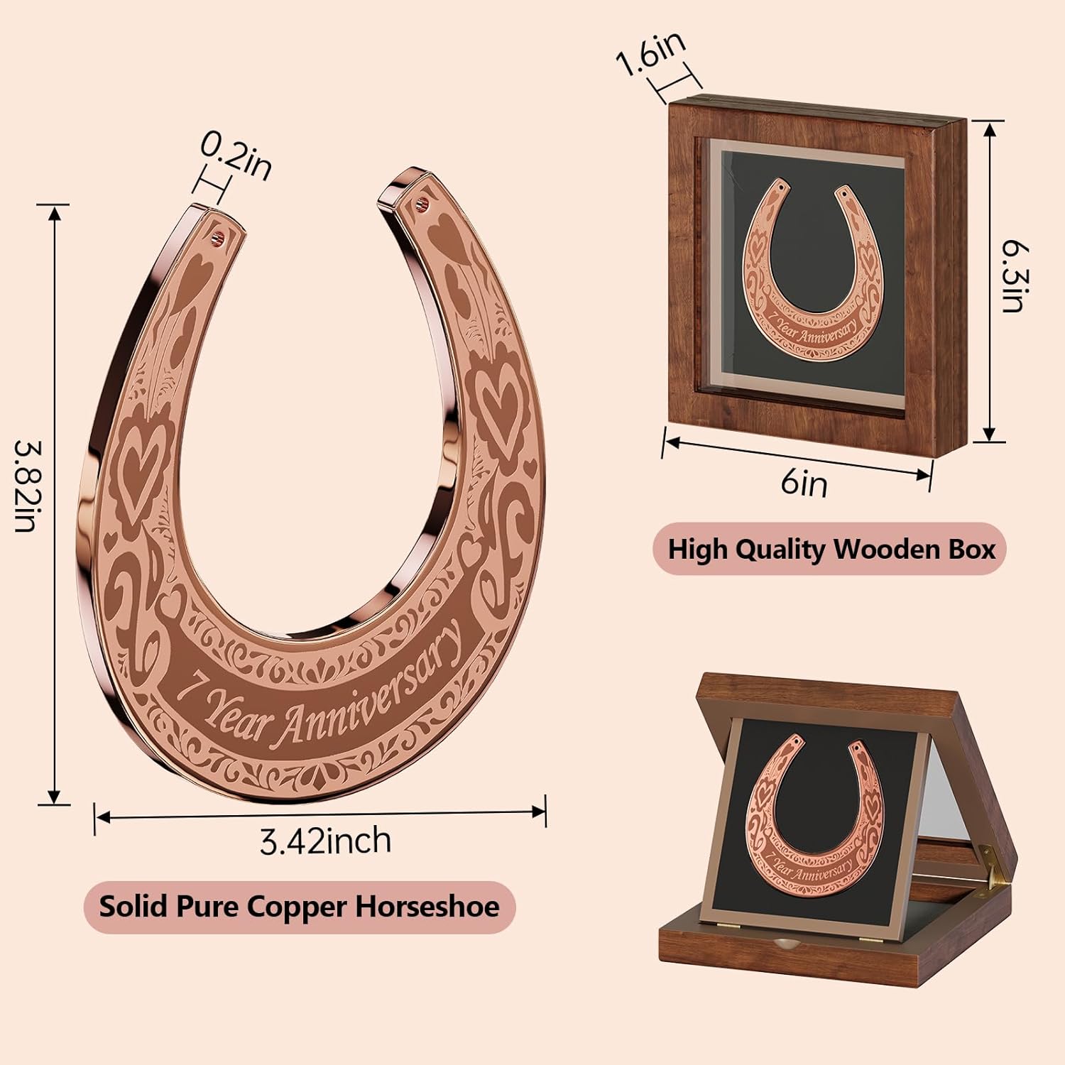 Copper Horseshoe 7 Year Anniversary Copper Gifts for Him,7 Year Anniversary Wedding Gift for Couple,7th Wedding for Him,Marriage Horseshoe with Wood Box