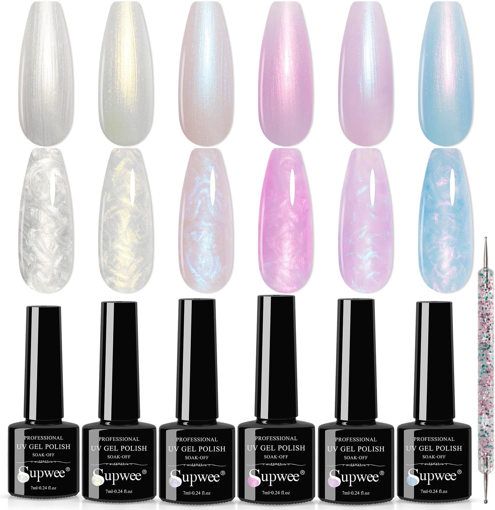 SUPWEE Pearl Gel Nail Polish Set - 6 Colors Thread Shell Gel Polish Glitter Shimmer Soak Off UV LED Lamp Shiny Pearlescsent Spiral Effect for Home Salon Manicure Gel Nail Kit 7 ml