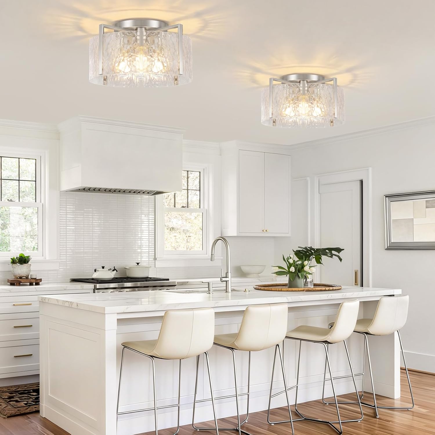 4-Light Modern Semi Flush Mount Ceiling Light Silver, 16'' Entryway Light Fixture, Glass Ceiling Mount with Hammer Glass for Passage Aisle Kitchen Island Dining Room Living Room Lighting Fixtures