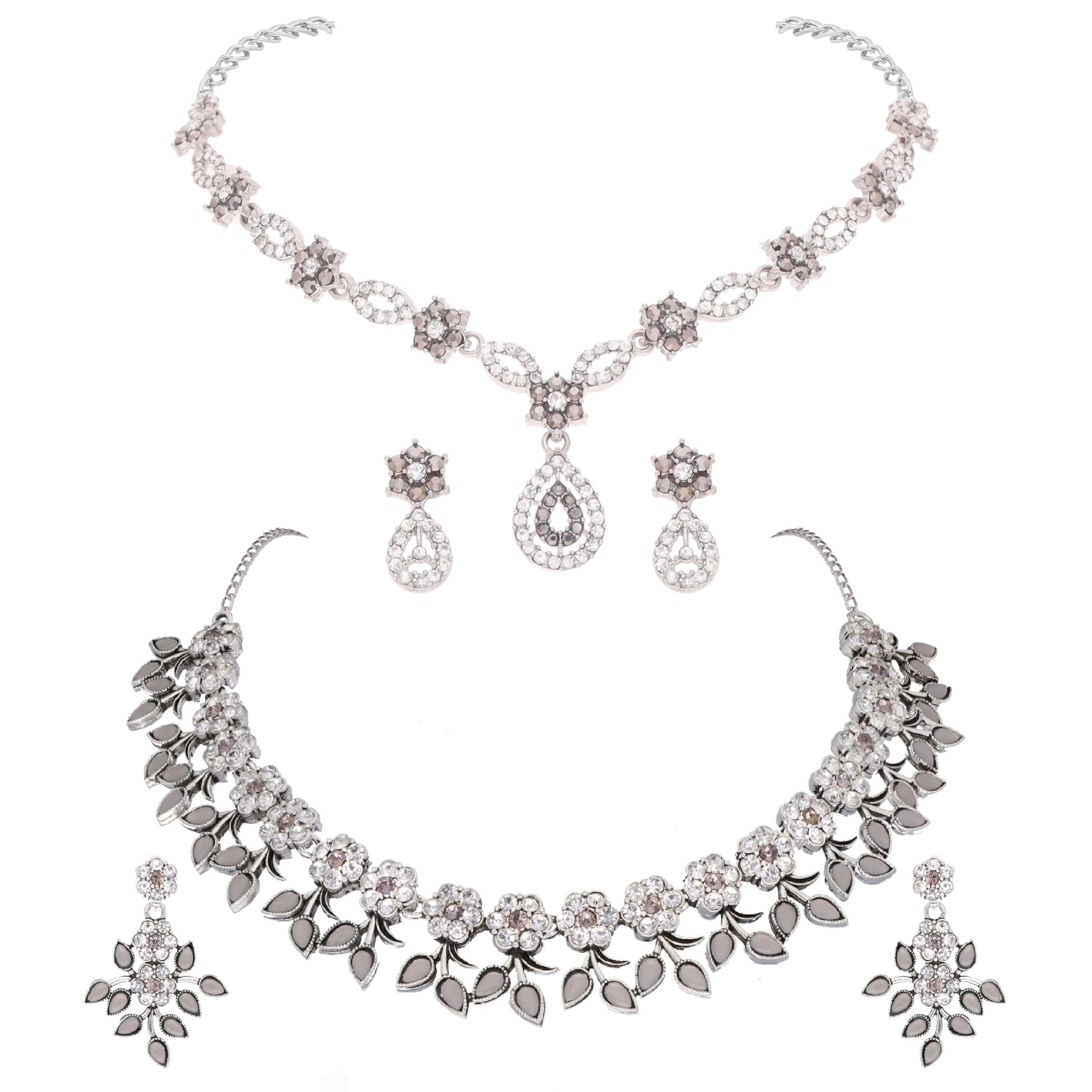 Brado Jewellery Contemporary Silver Polish Crystal AD Stone Studded Choker Necklace Jewellery Combo set with Matching Pair of Earring for Women and Girls (Grey) (B0D8FZ6V6P) Amazon Price History, Amazon Price Tracker