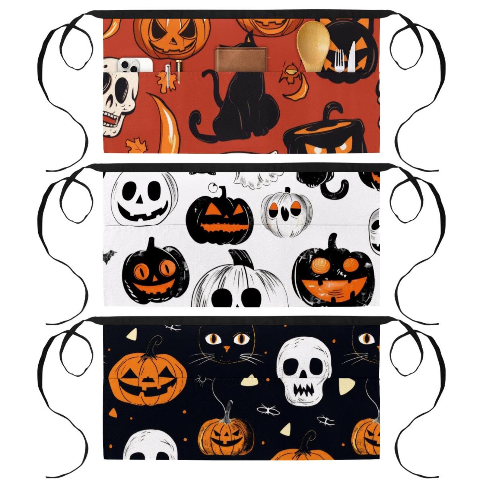 3 Packs Waist Apron With 3 Pockets, Halloween Pumpkin Ghost Bat White Background Durable Server Aprons, Restaurant Waitress Waiter Half Short Aprons, Chef Aprons, 23.6