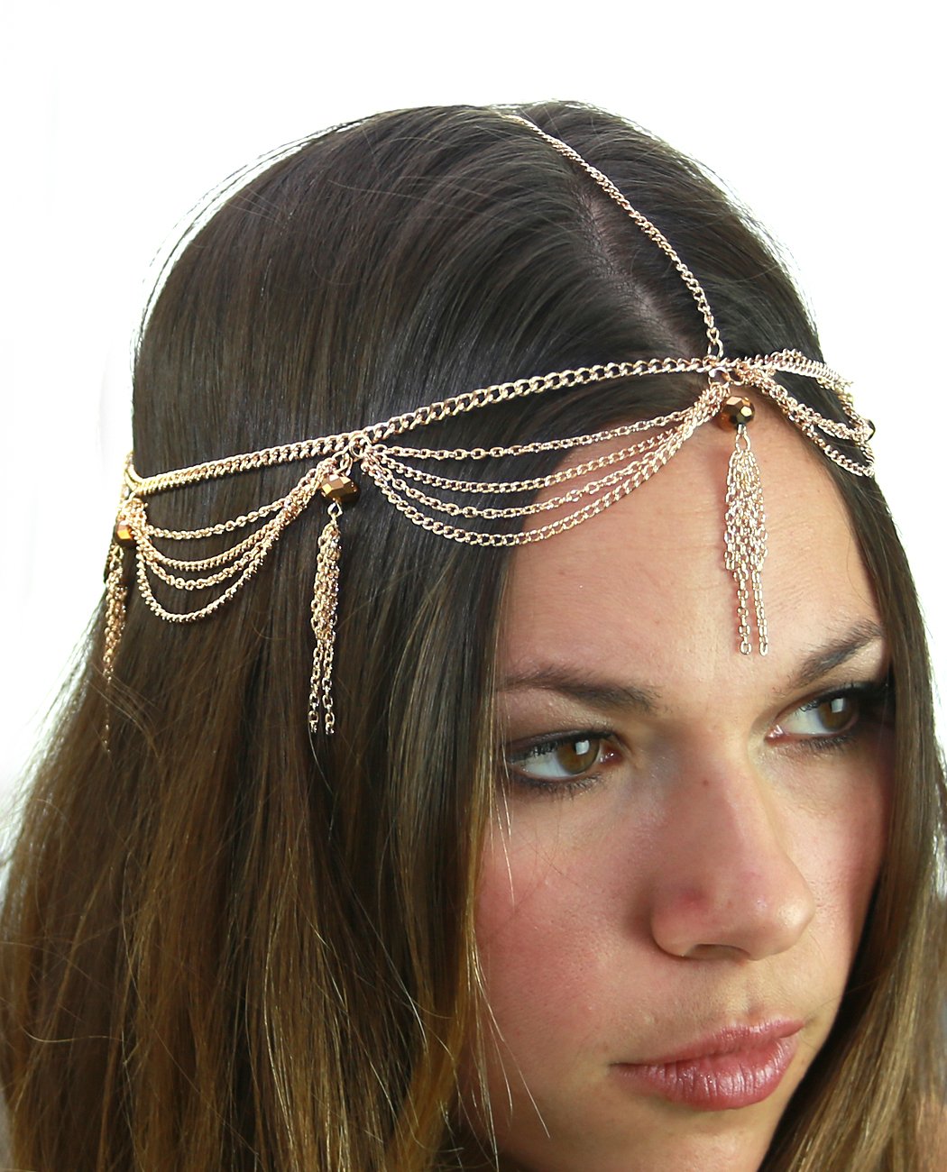Women's Bohemian Fashion Head Chain Jewelry - 4 Draping Chain Strand Faceted Bead Charm, Gold-Tone