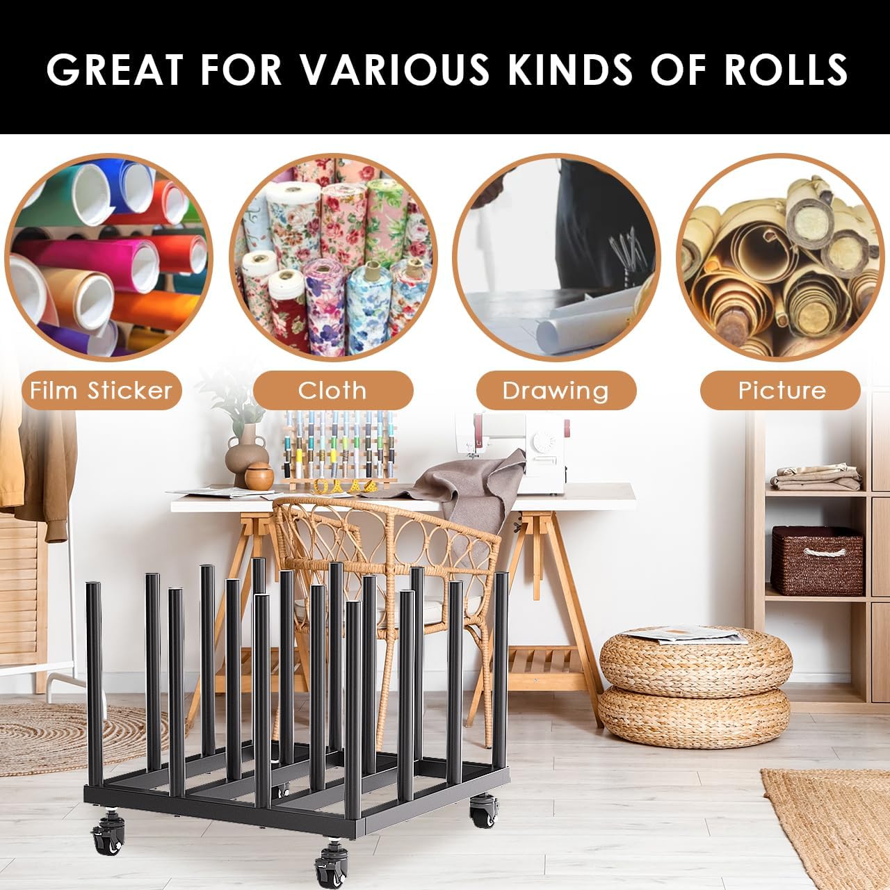 INNOVART Vinyl Cart Mobile Rack 16 Rolls Capacity, Heavy Duty Vinyl Roll Storage Cart, 2' Round Core, Black, 28'L x 28'W x 21'H