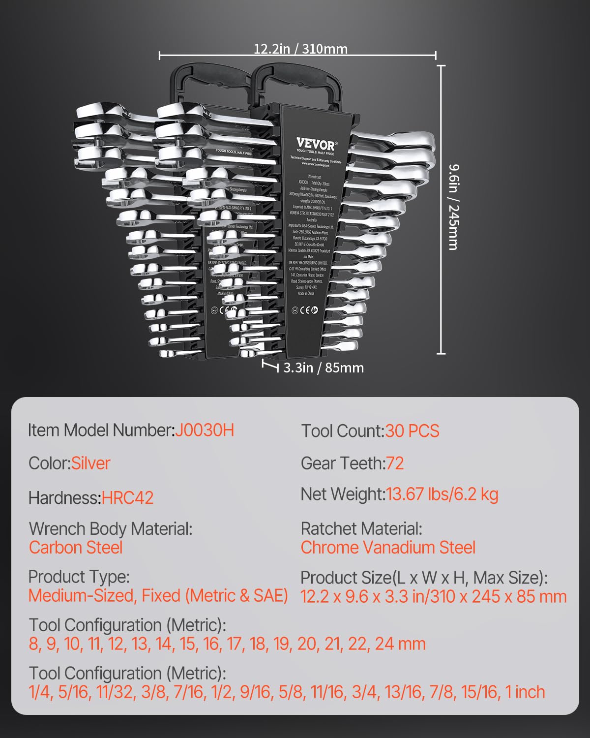 VEVOR 30 PCS Juego de Llaves Combinadas, Juego de Llaves de Trinquete con Estante Organizador, Juego de Llaves Mediano SAE de 1/4" a 1" y Métricas de 8 mm a 24 mm para Reparaciones de Automóviles