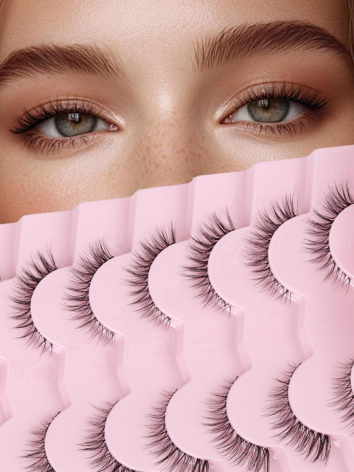 Cat Eyelashes Natural Eye Lashes 12mm False Lashes Wispy Thin Band 3D Volume Fake Eyelash C Curl Lash Pack Natural Look 7 Pair