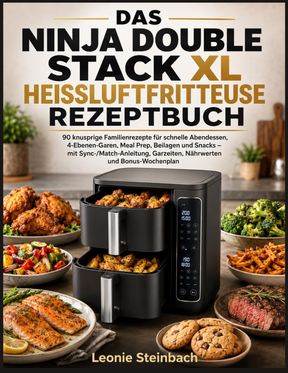 DAS NINJA DOUBLE STACK XL HEISSLUFTFRITTEUSE REZEPTBUCH: 90 knusprige Familienrezepte für schnelle Abendessen, 4-Ebenen-Garen, Meal Prep, Beilagen und ... Garzeiten, Nährwerten und Bonus-Wochenplan